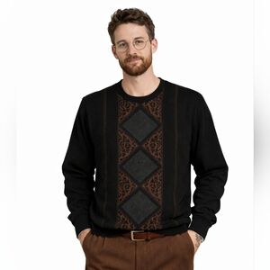 Gabicci Vintage Wool Men's XL Chunky 3D Knit Sweater Long‎ Sleeves Patches Black